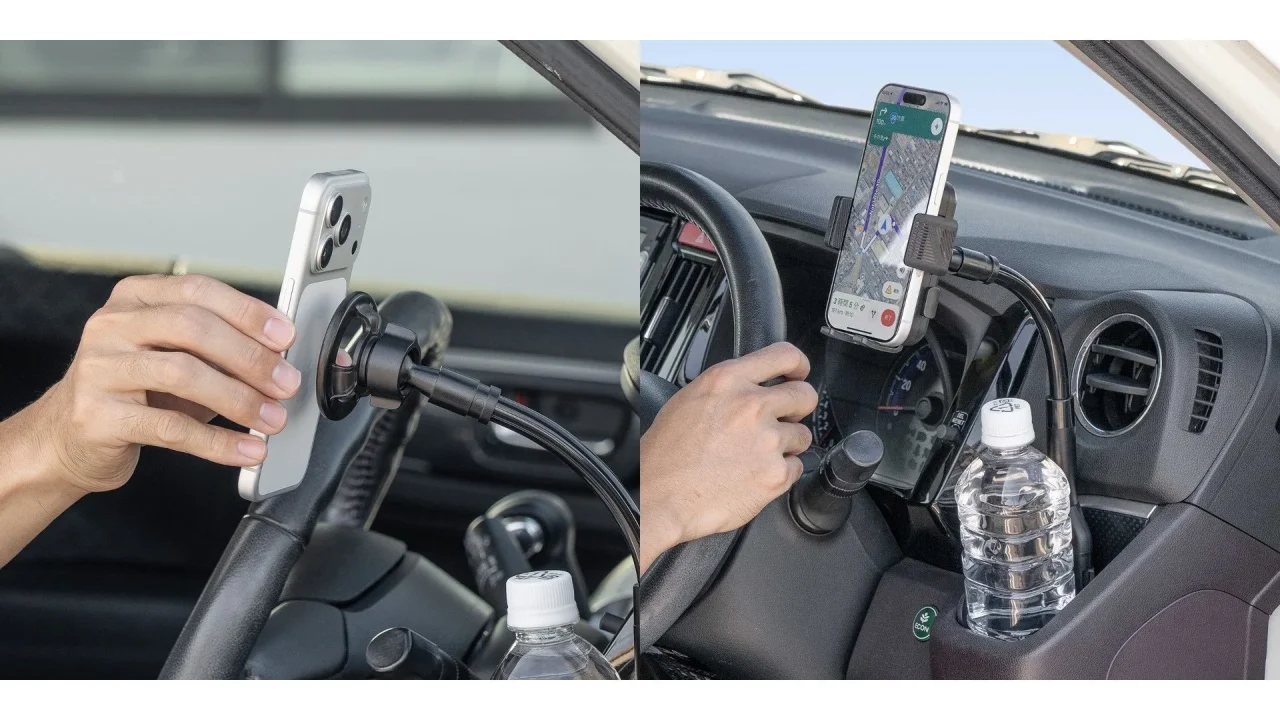 車載スマホホルダーをフレキシブルアームで車内に設置した2場面