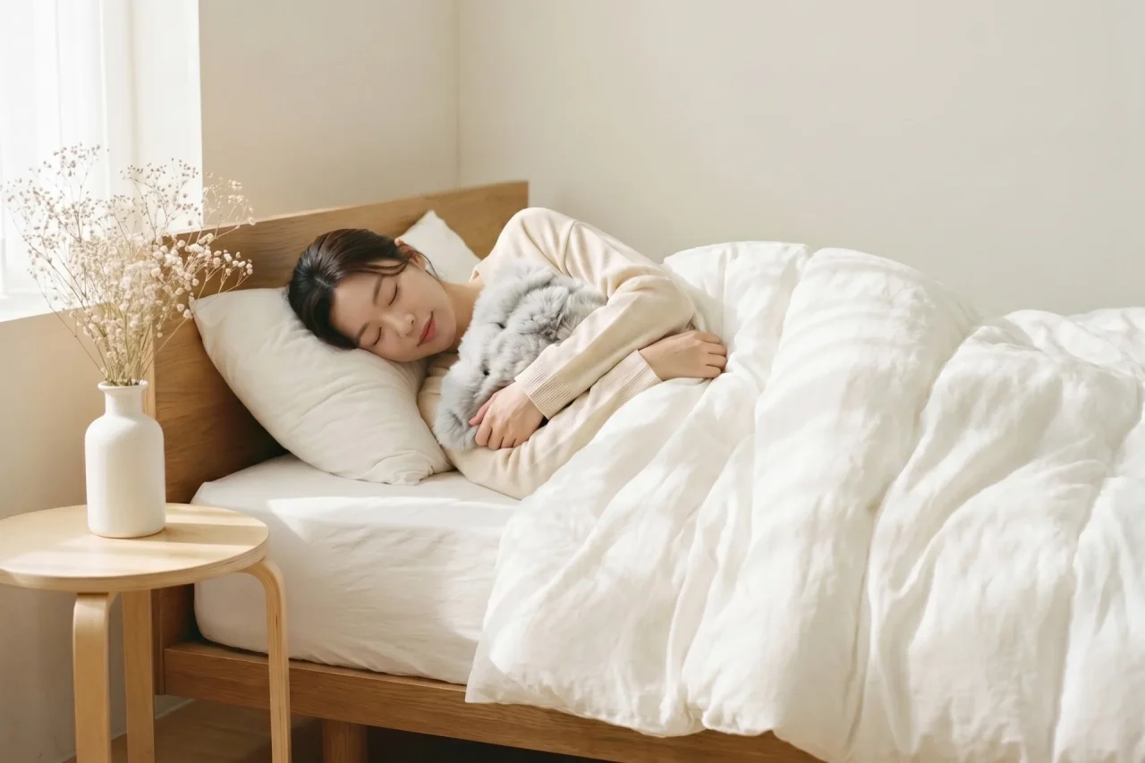 布団で灰色のふわふわ素材を抱いて眠る女性