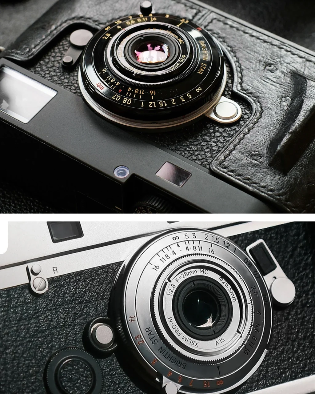M型カメラに装着したBrightin Star 28mm F2.8のブラックとシルバーの薄型レンズ