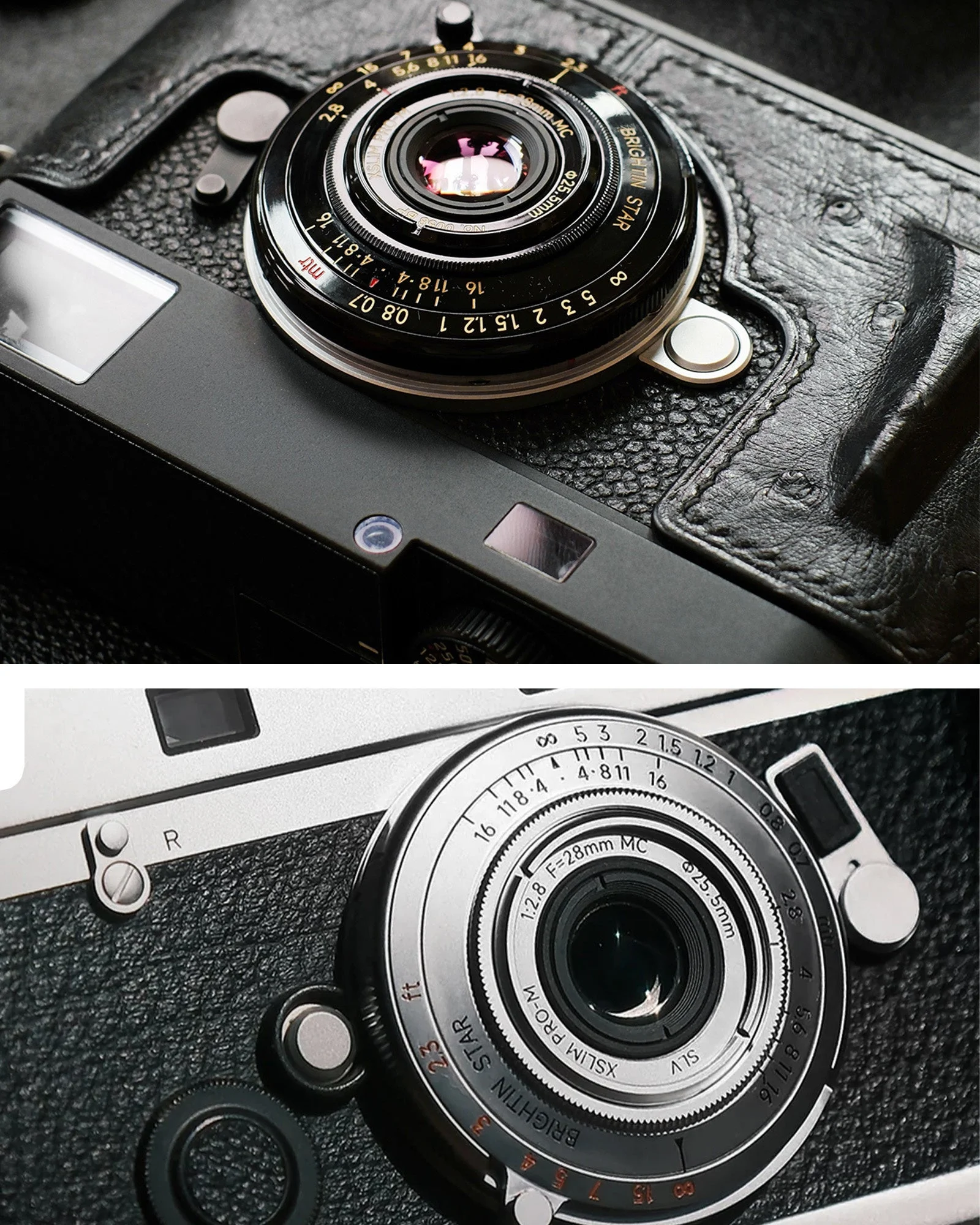 M型カメラに装着したBrightin Star 28mm F2.8のブラックとシルバーの薄型レンズ