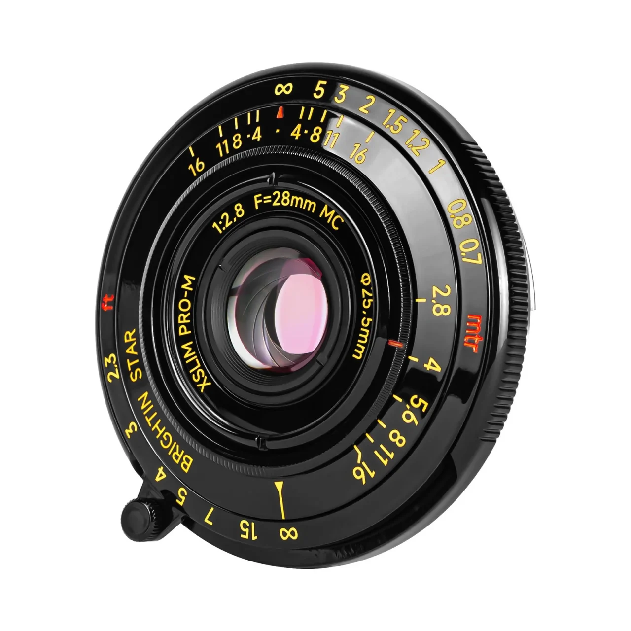 Brightin Star 28mm F2.8 ブラック、黒い薄型鏡筒に金色の目盛り