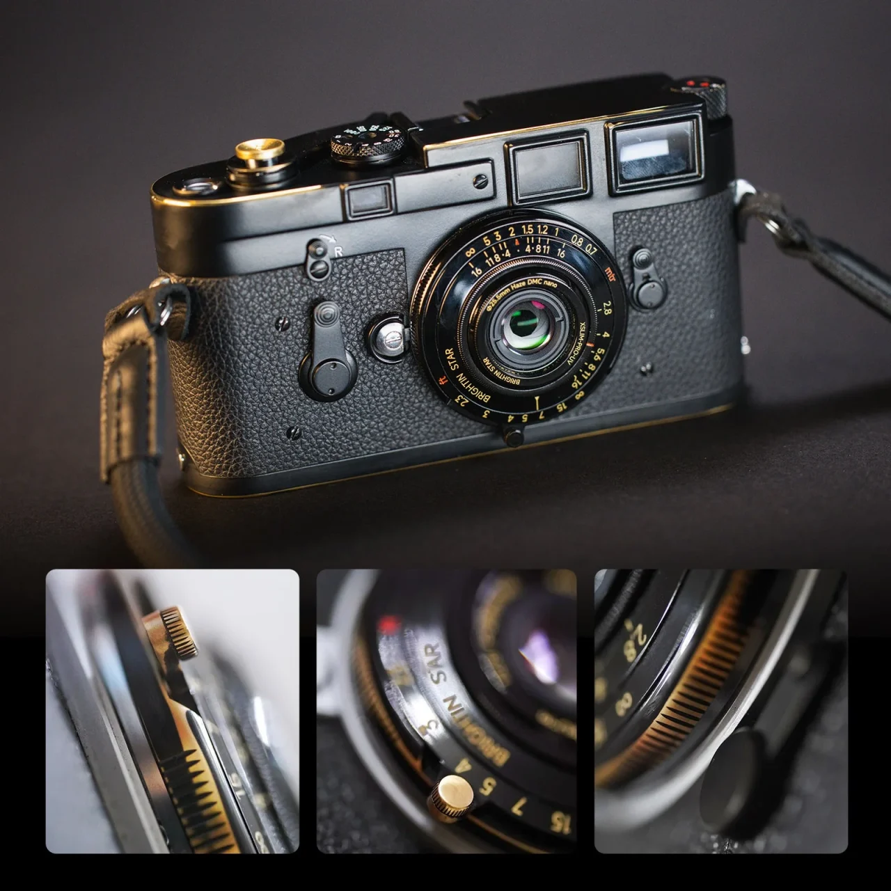 ブラックペイント仕上げのブラックモデルを装着したM型カメラと細部