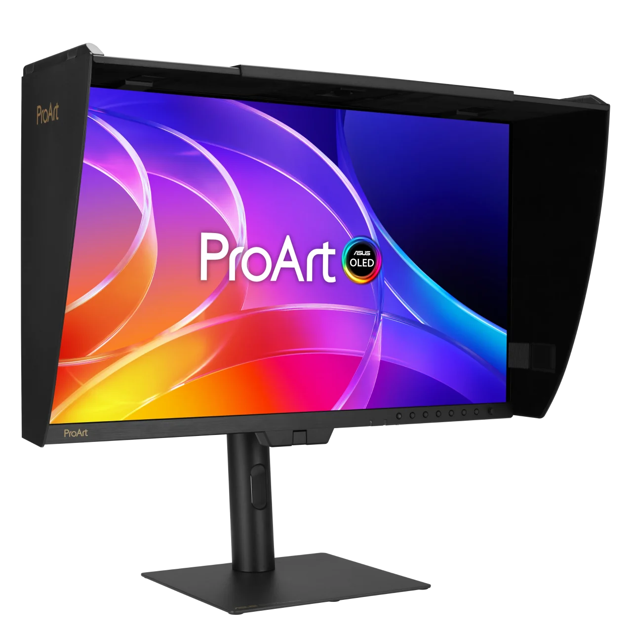 ProArt Display OLED PA32USD、モニターフード付きで斜めから見た外観