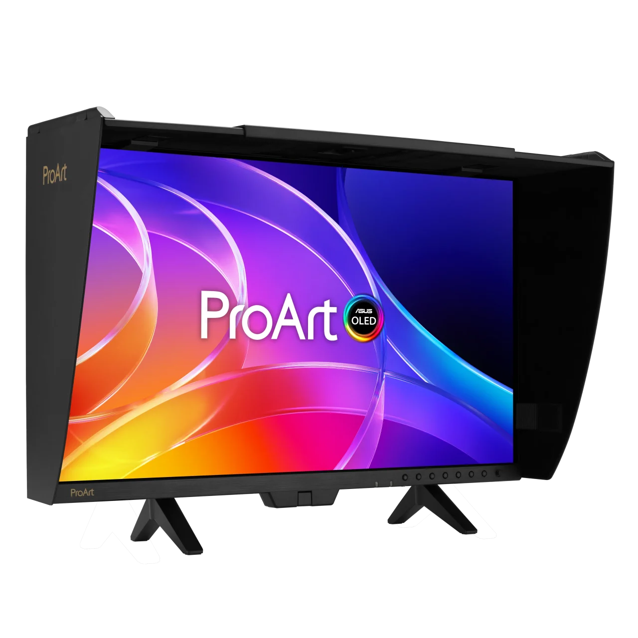 ProArt Display OLED PA32USD。モニターフードを装着した斜め前からの外観