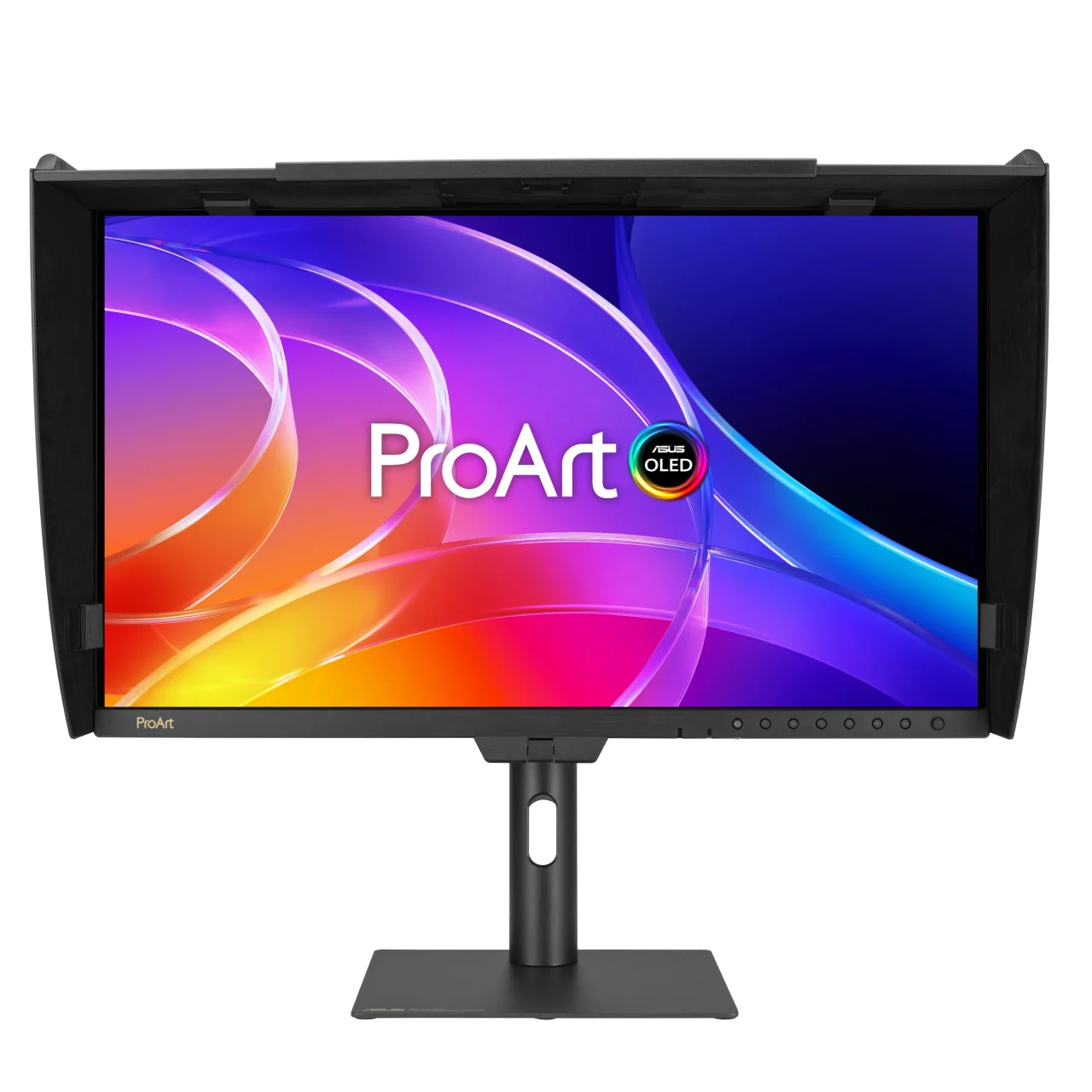 ProArt Display OLED PA32USD 正面。モニターフード付きで画面にProArtロゴを表示
