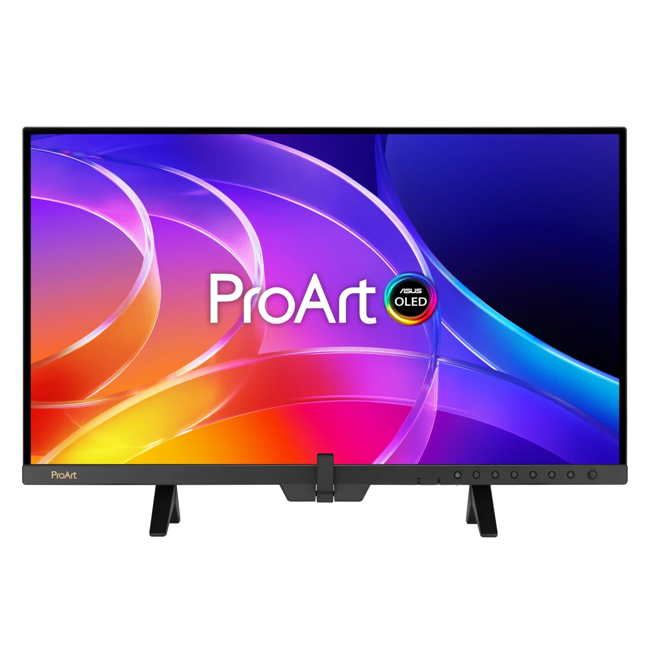 ProArt Display OLED PA32USD の正面。カラフルな壁紙とProArt OLEDロゴを表示