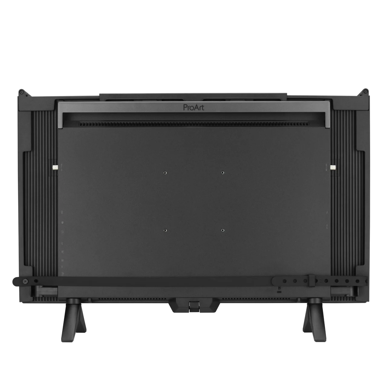 ProArt Display OLED PA32USDの背面。黒い筐体にVESA穴と脚、横バーが見える