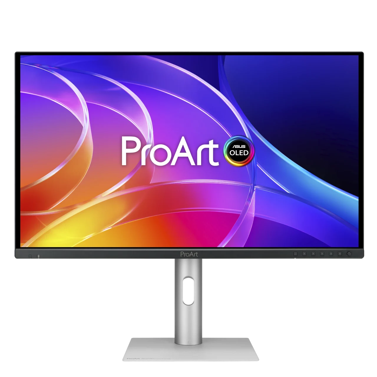 ProArt Display OLED PA329CDVの正面。画面にカラフルなProArt OLEDの壁紙