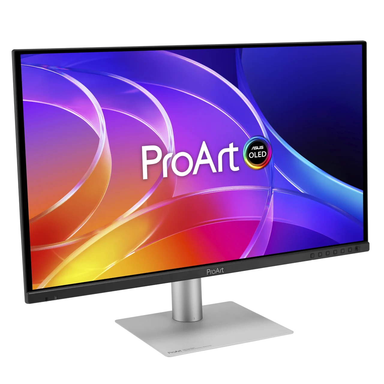 ProArt Display OLED PA329CDVを斜めから見た、カラフルな壁紙表示のモニター