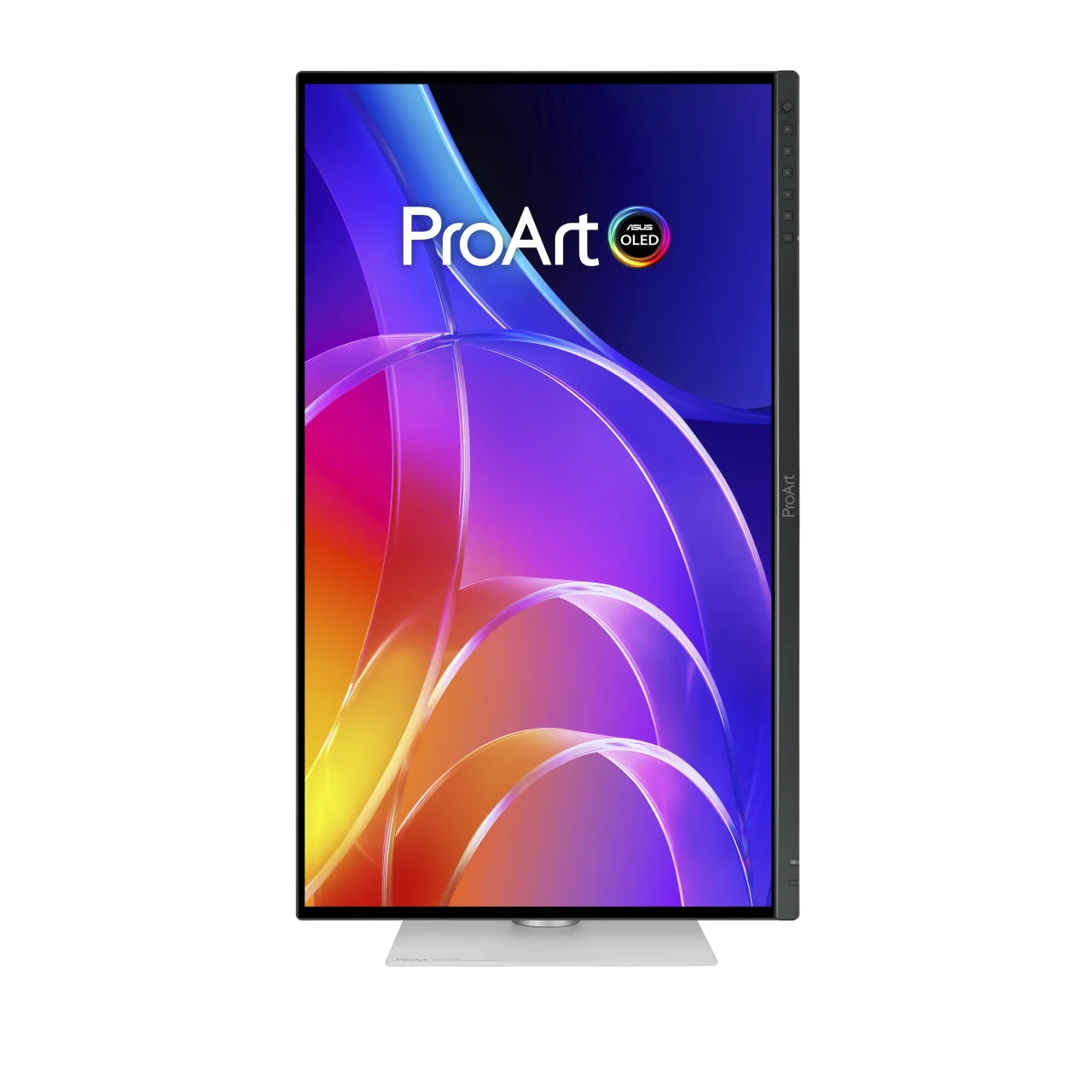 ProArt Display OLED PA329CDV を縦向きにし、カラフルな壁紙を表示した正面