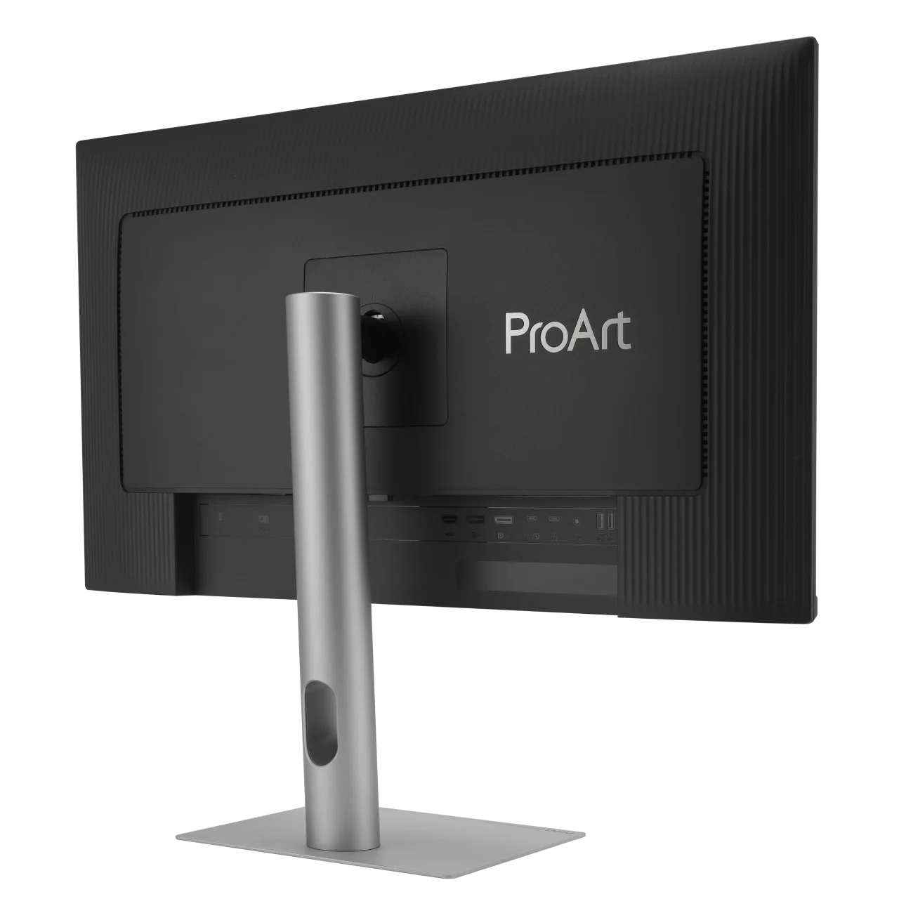 ProArt Display OLED PA329CDVの背面。黒い本体とグレーの支柱スタンド