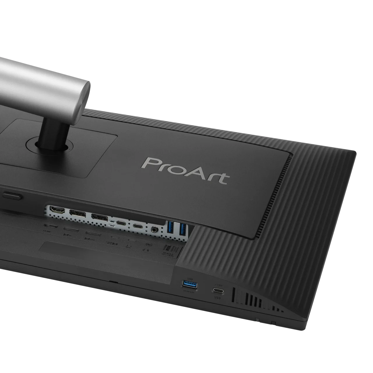 ProArt Display OLED PA329CDVの背面。ProArtロゴと入出力端子が並ぶ