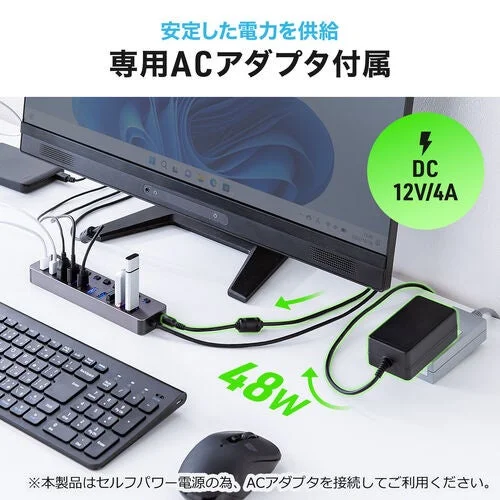 ディスプレイ脇のUSBハブに専用ACアダプタを接続したDC12V/4A・48Wの給電例