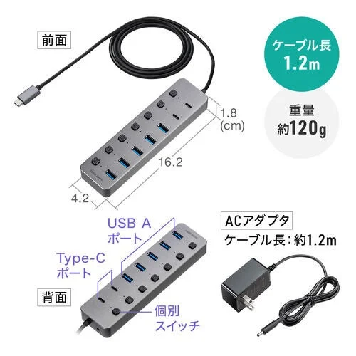 400-HUBC32GM-12の仕様図。Type-C接続ハブ、ケーブル長1.2m、ACアダプタ付き