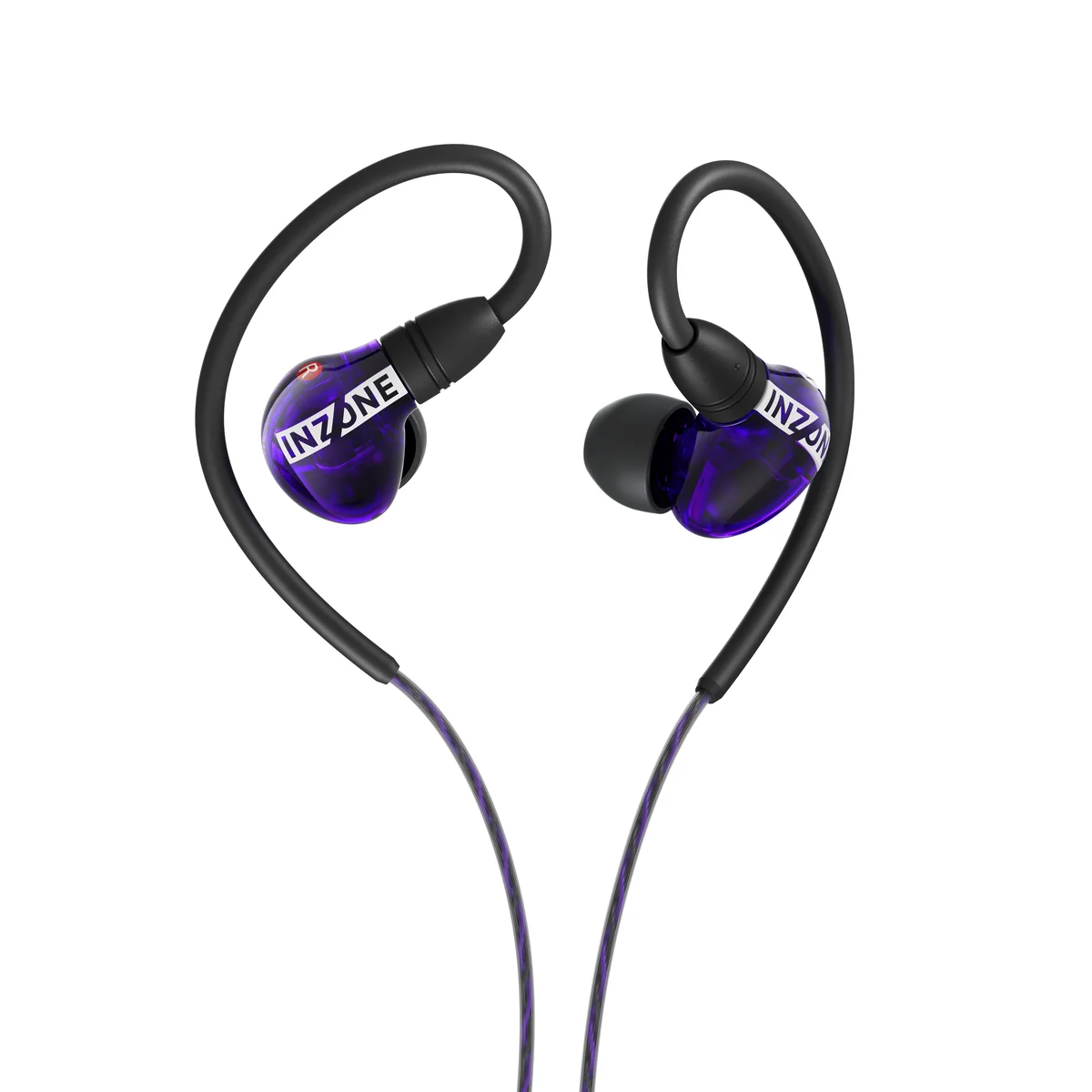 INZONE E9 新色グラスパープルの半透明の左右イヤホン