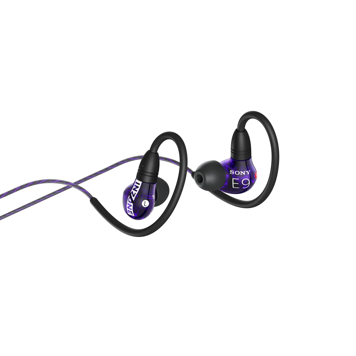 ゲーミングヘッドホン『INZONE E9』の左右、グラスパープルの半透明ボディ