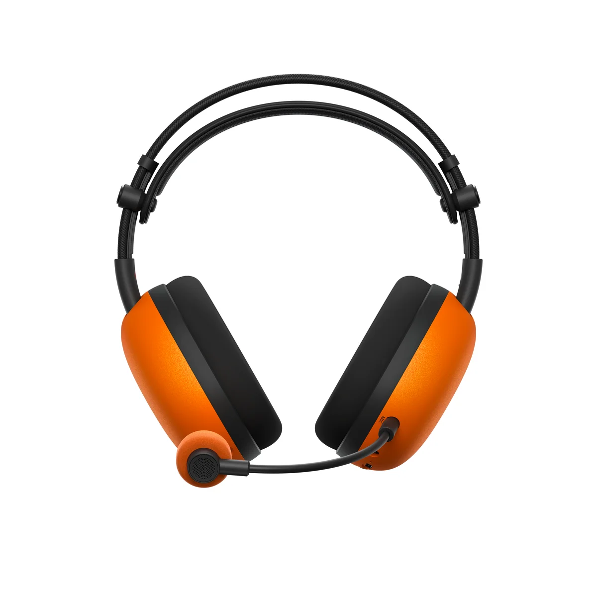 INZONE H9 II Fnatic Editionの正面。オレンジのイヤーカップとマイク
