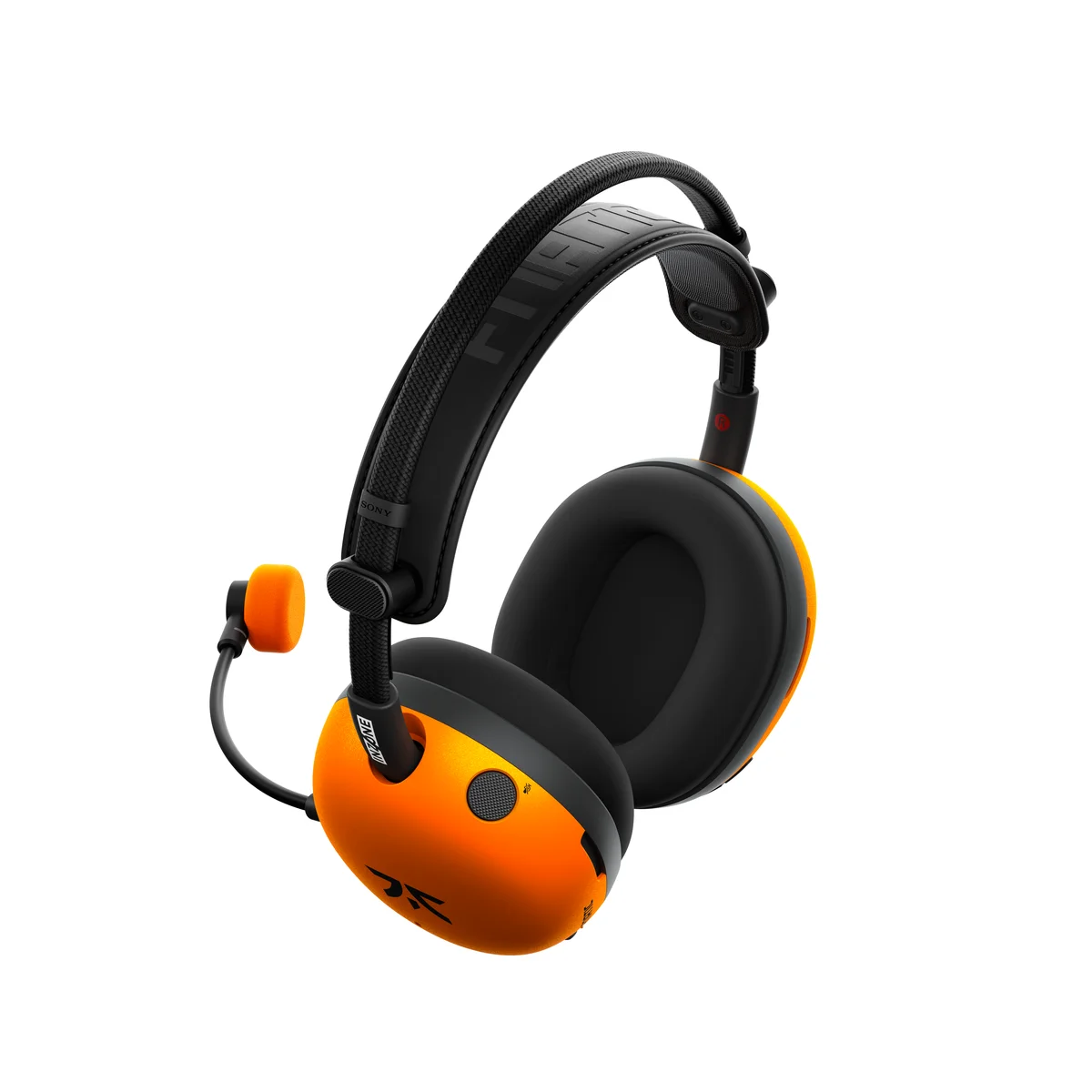 INZONE H9 II Fnatic Edition 上面、オレンジのイヤーカップとブームマイクの付いたヘッドセット