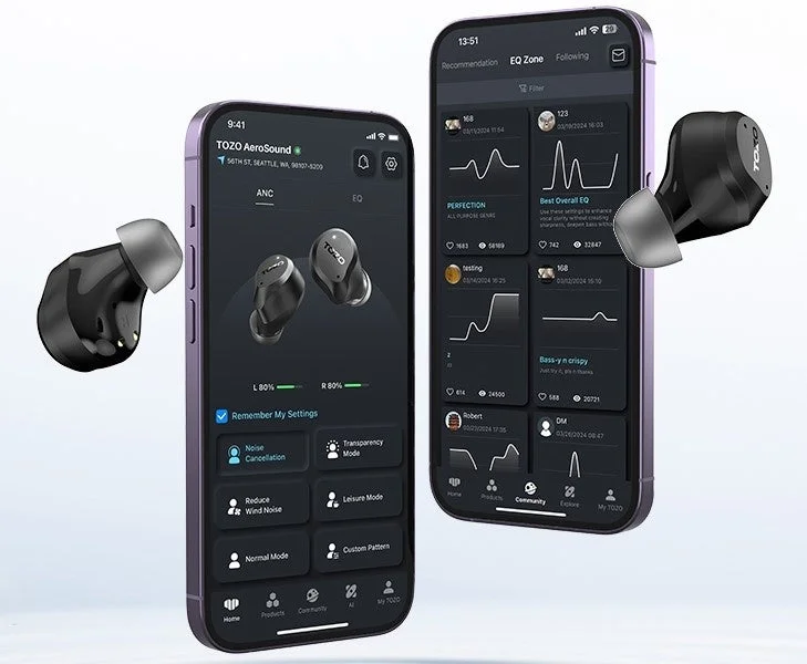 TOZO AeroSound専用アプリのANC画面とEQ Zone画面を表示したスマホ2台とイヤホン