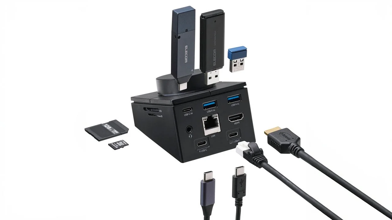 USBアダプターやSDカード、各種ケーブルとポートを備えた黒いドッキングステーション