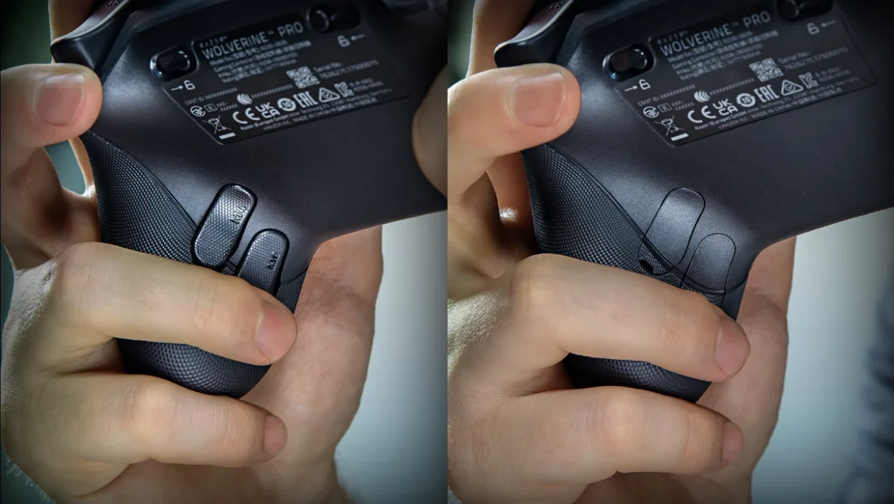 Razer Wolverine V4 Pro背面の着脱式バックボタンを装着した状態と外した状態の比較
