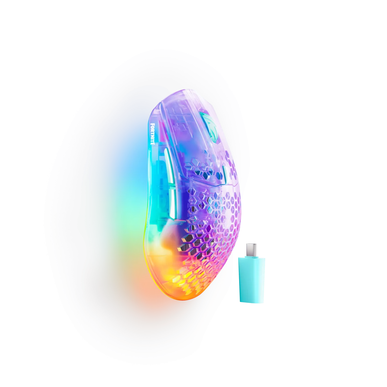 Aerox 3 Wireless Gen 2 Fortnite Storm Edition。透明紫のハニカム型マウスと水色のUSBレシーバー