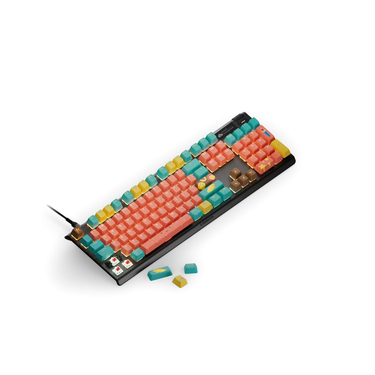 PBT Keycaps Fortnite Guff（US配列）を装着したキーボードと外したキーキャップ