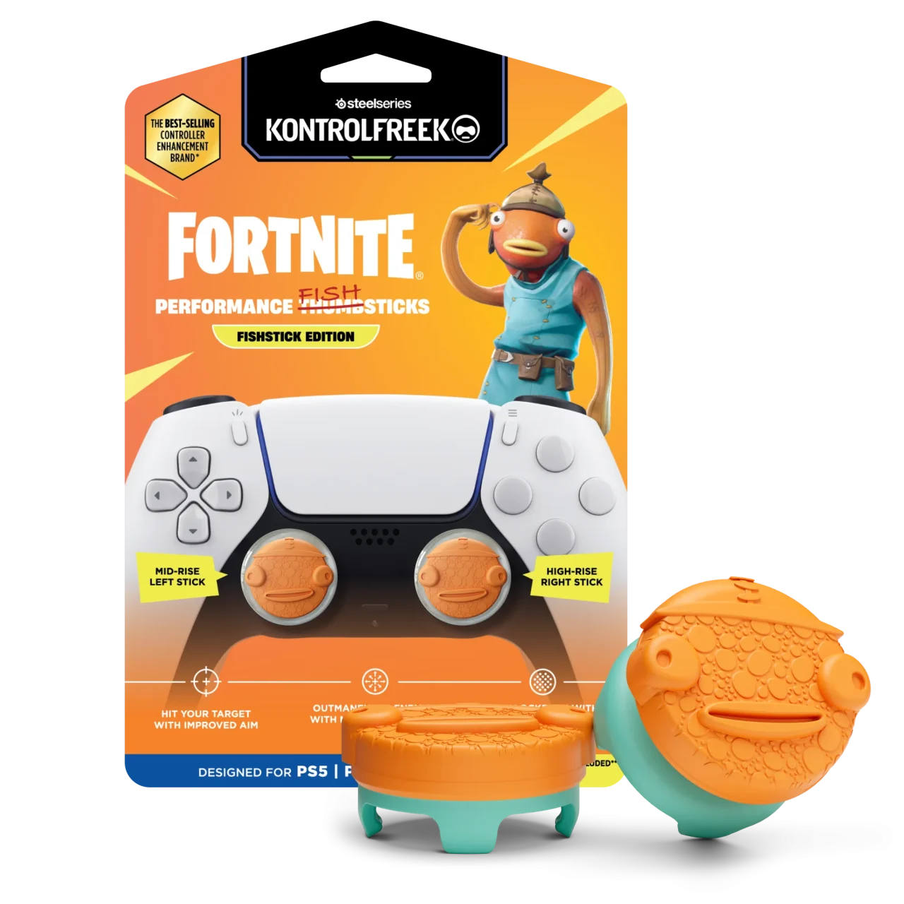 Fortnite Performance Thumbsticks Fishstick Edition のパッケージとオレンジ色のサムスティック