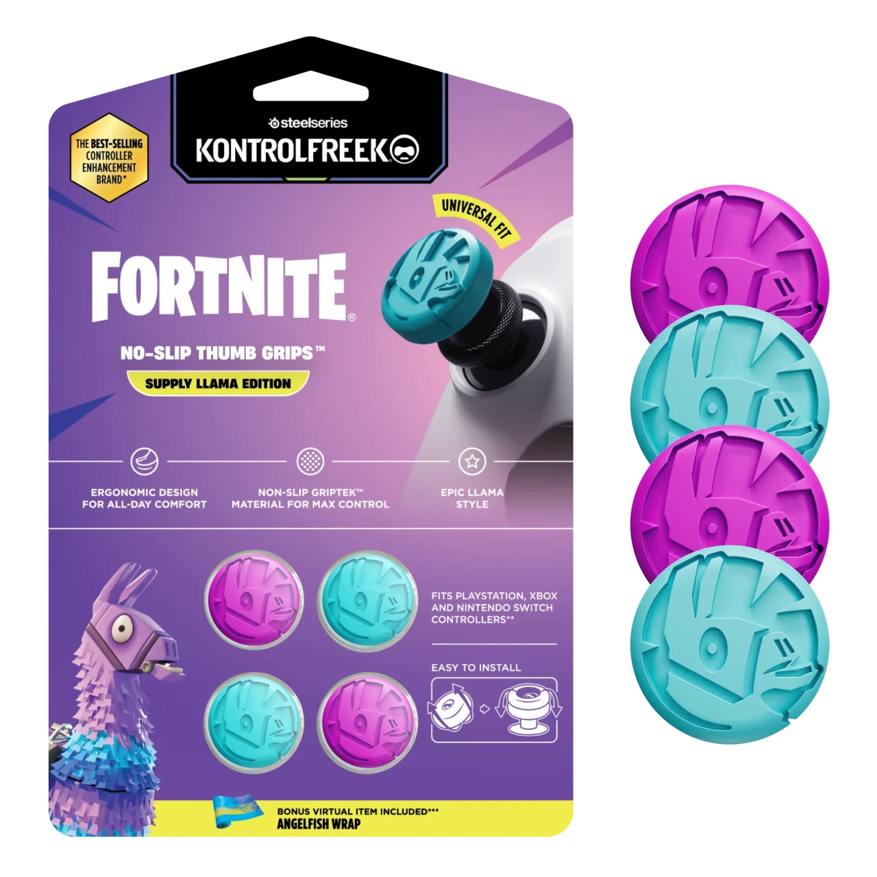 Fortnite No-Slip Thumb Grips Supply Llama Editionのパッケージと紫・水色のグリップ