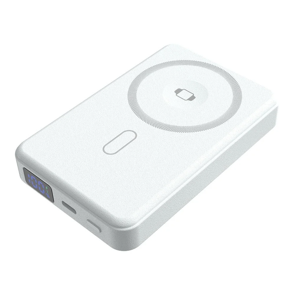 10000mAhのモバイバッテリー、白い本体の斜め上からの外観