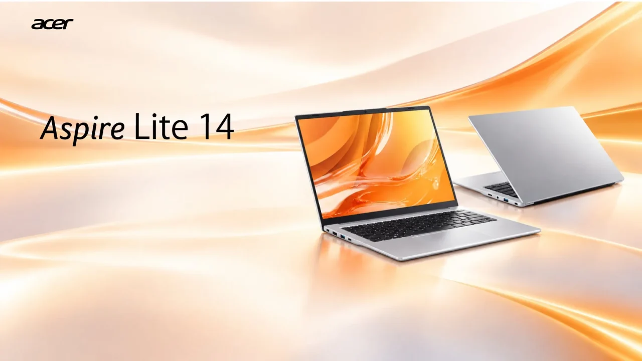 Acer Aspire Lite 14のノートPC2台。開いた正面と背面のシルバー天板