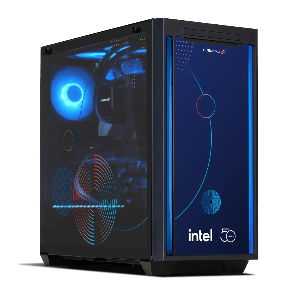 インテル株式会社50周年記念コラボゲーミングPC、青いグラフィックの前面とLED発光