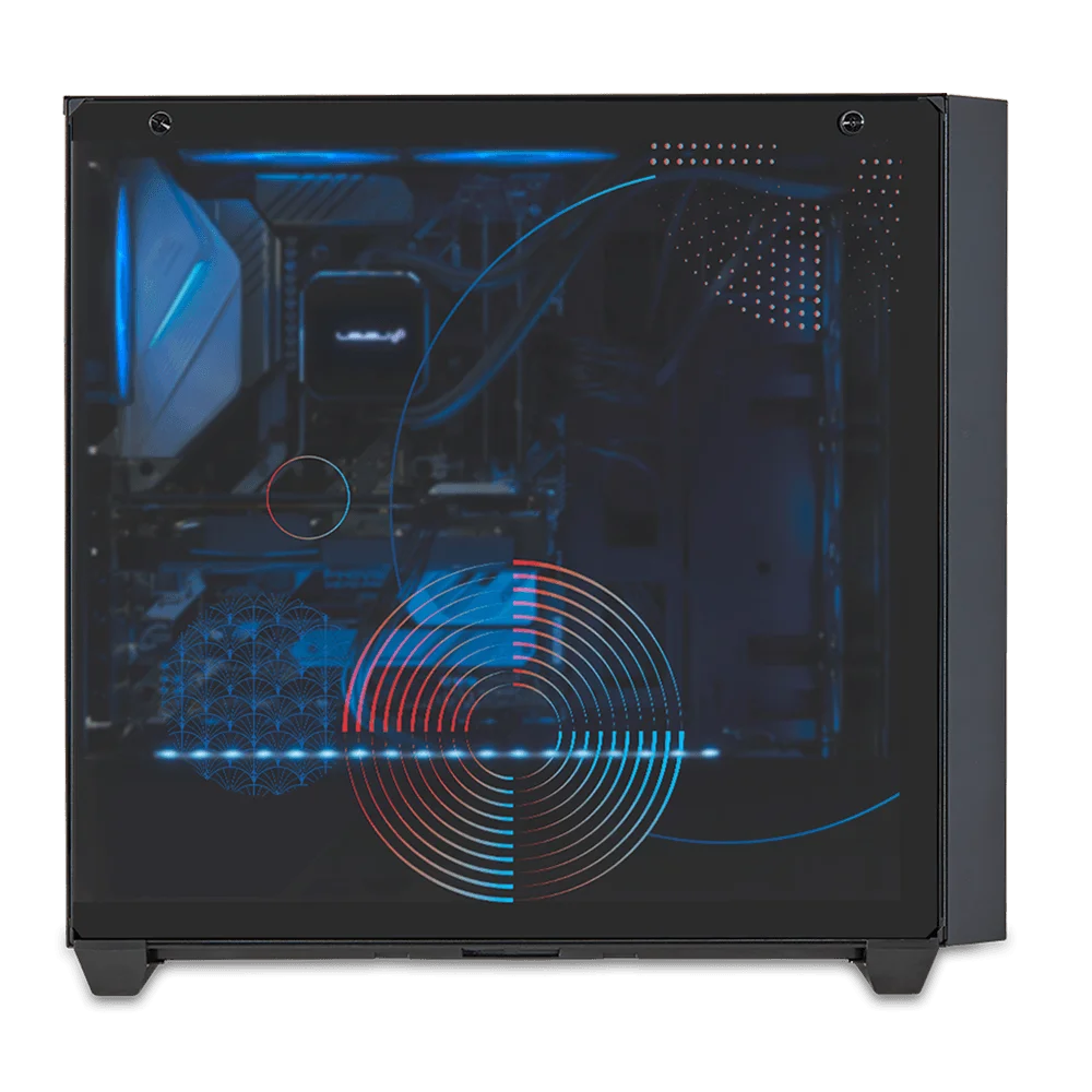 インテル株式会社50周年記念コラボゲーミングPCの強化ガラス側面と青いLED