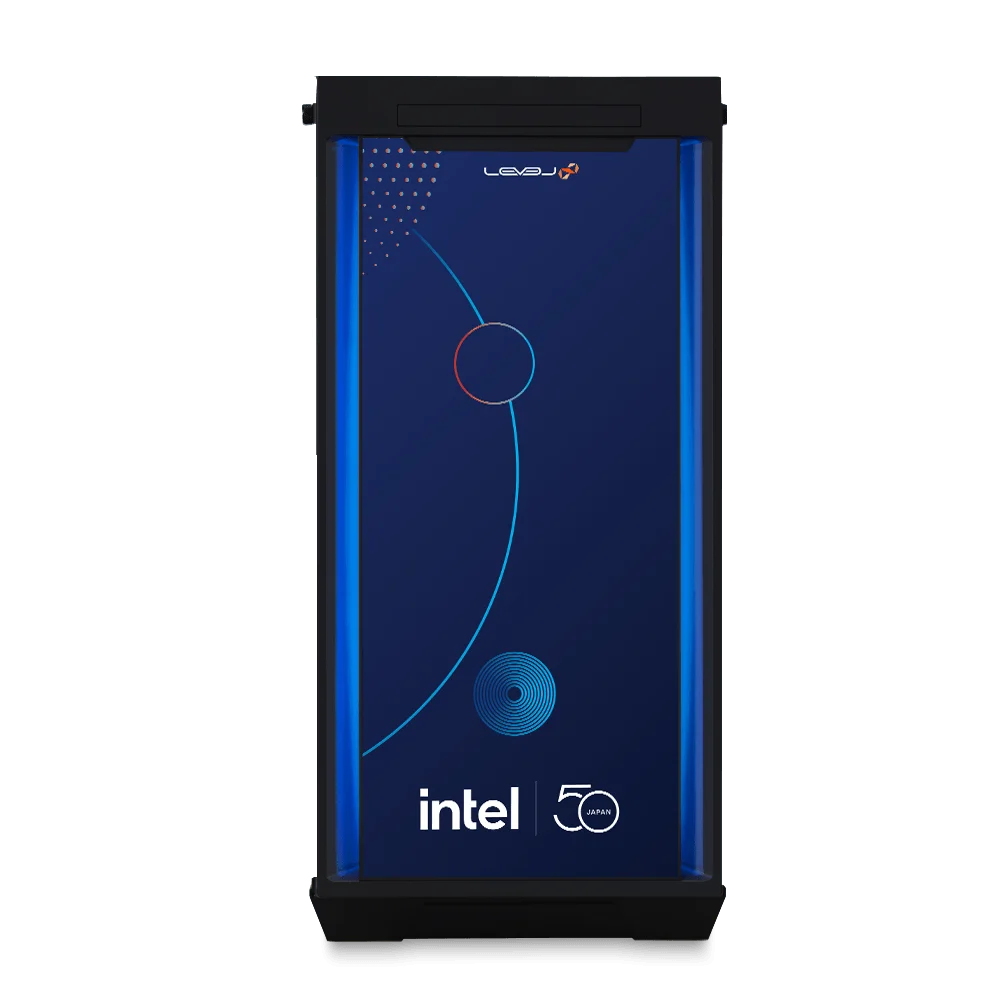 インテル株式会社50周年記念コラボゲーミングPCの正面。青いグラフィックとintel 50ロゴ