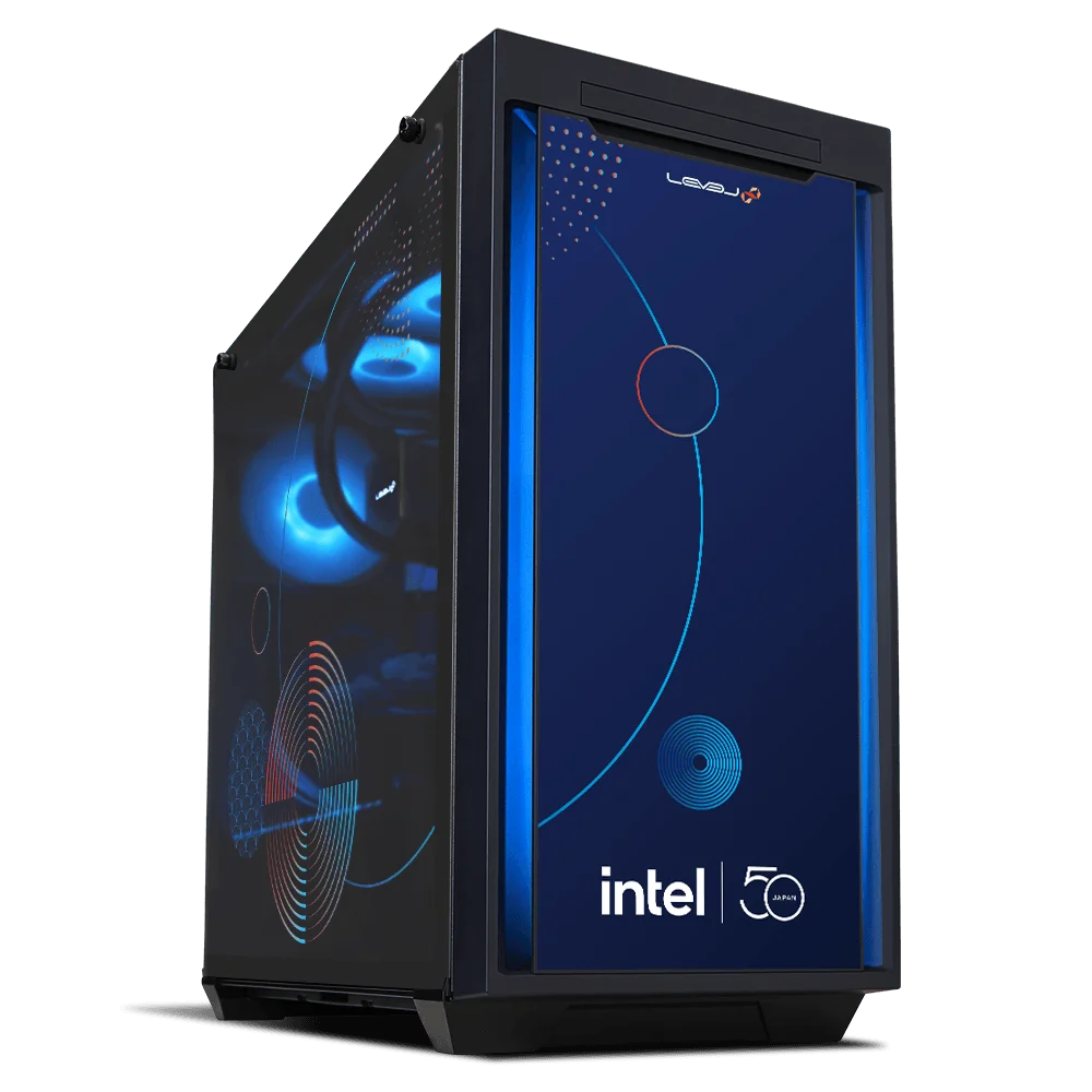 インテル株式会社50周年記念コラボゲーミングPC、青いグラフィックの正面と青く光る左側面