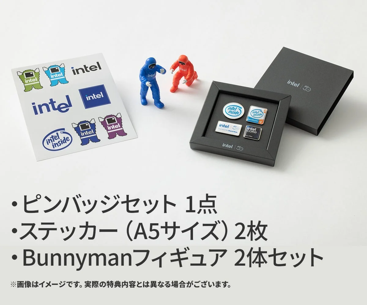 50周年記念オリジナルノベルティ。ピンバッジセット、ステッカー、Bunnymanフィギュア2体