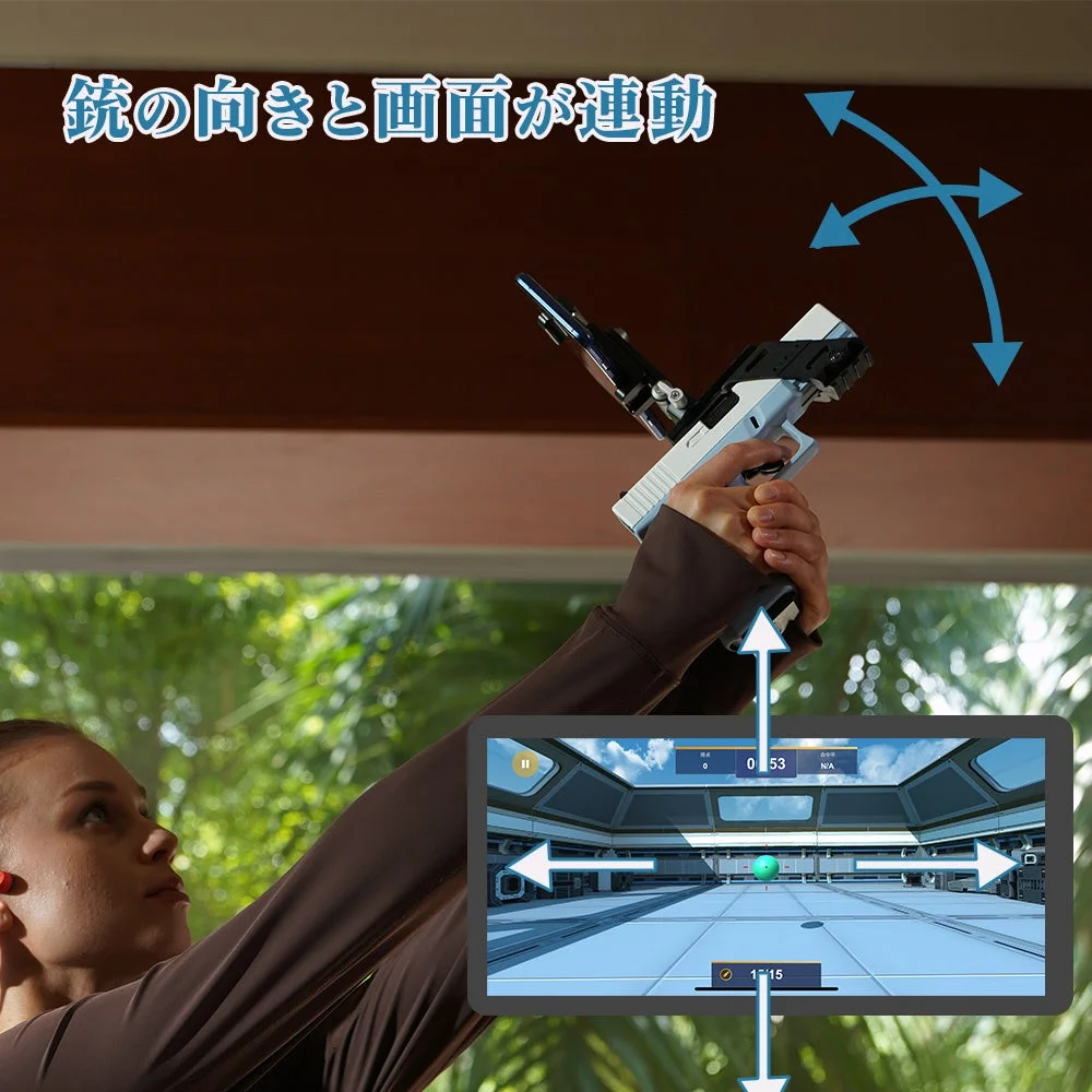 銃型デバイスを構える女性と、向きに連動するゲーム画面の図解