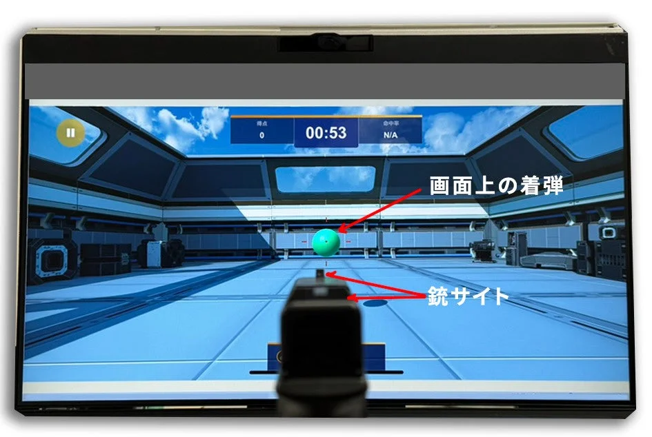 テレビ画面のシューティングゲーム。銃サイトと画面上の着弾を示す