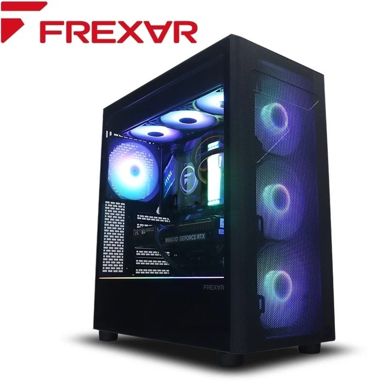 FREXARロゴ付きの黒いPCケース。虹色に光るファンが並ぶ