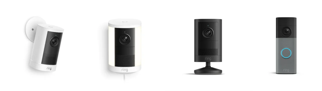 Ringの新製品4機種：屋外カメラ、スポットライトカム、据置カメラ、ドアベルが並ぶ