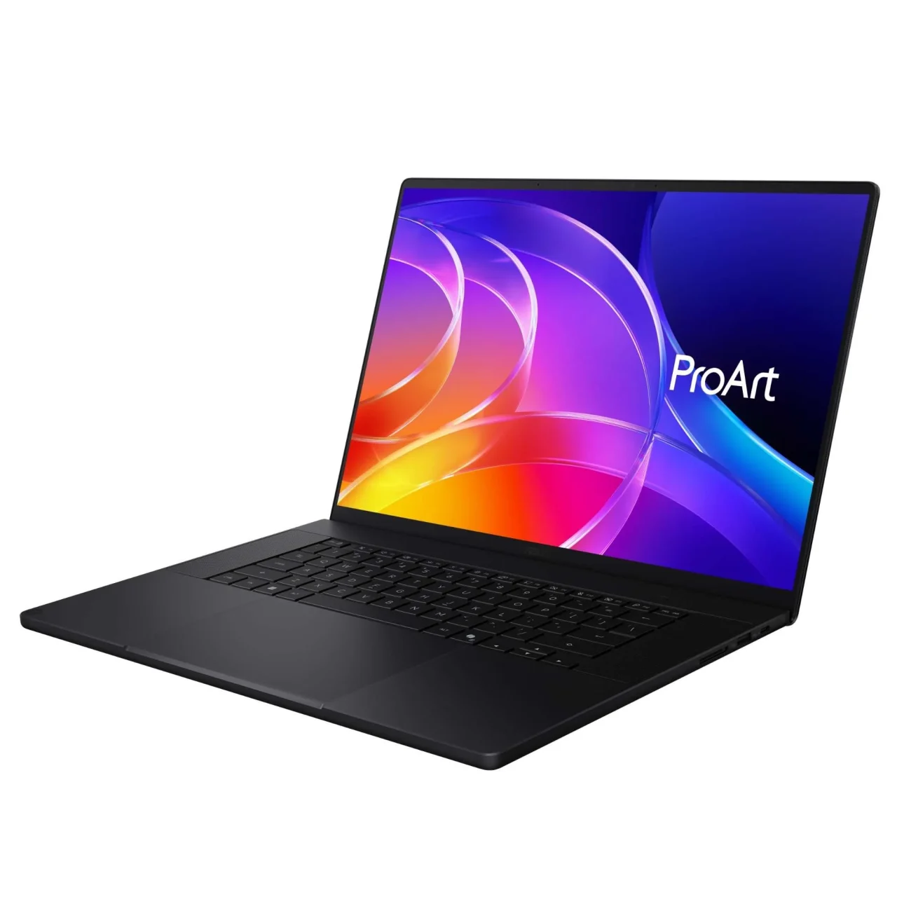 ProArt P16 (H7607) ナノブラックを斜めから見た、画面に「ProArt」が表示されたノートPC