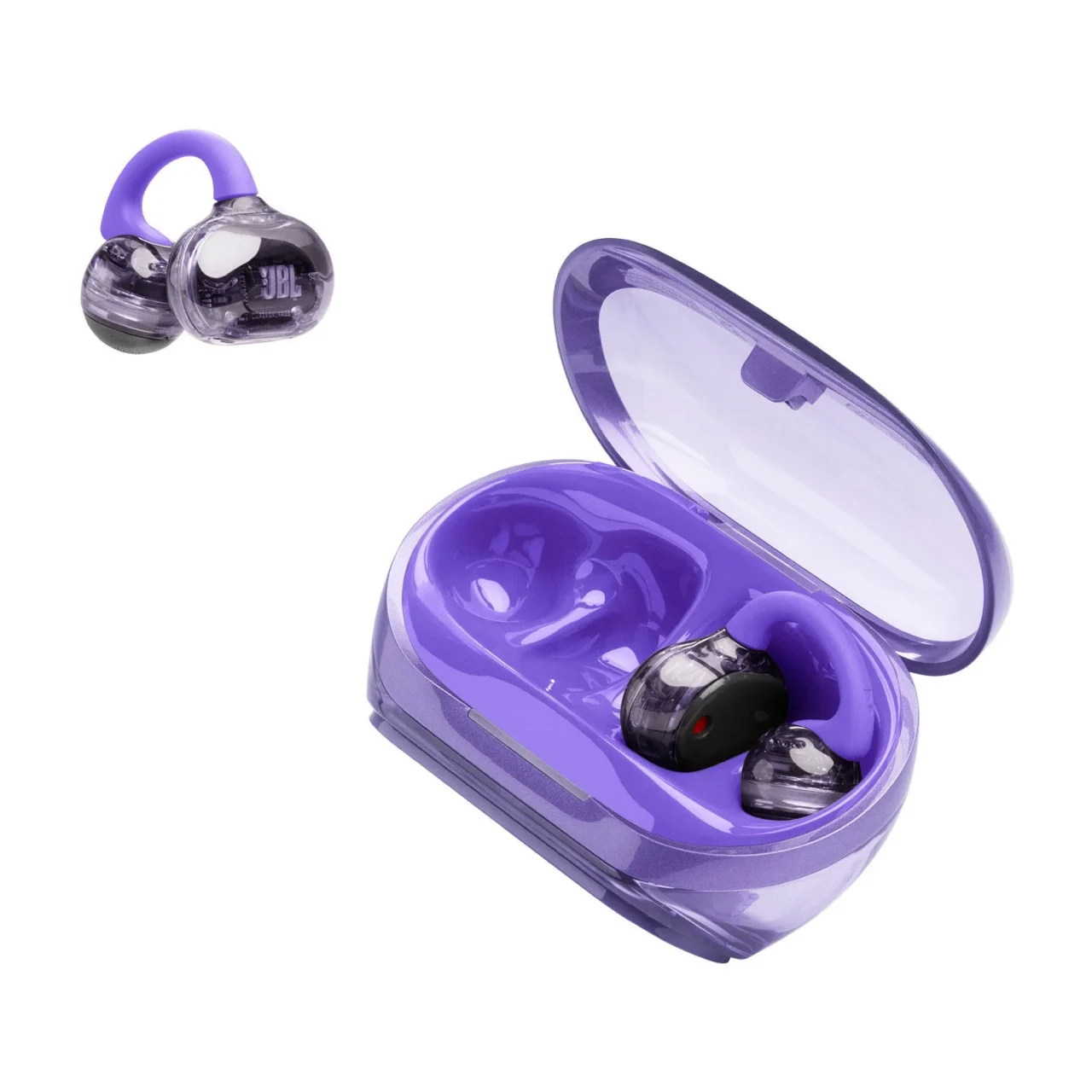 JBL Soundgear Clipsのパープル。透明な充電ケースとイヤホン