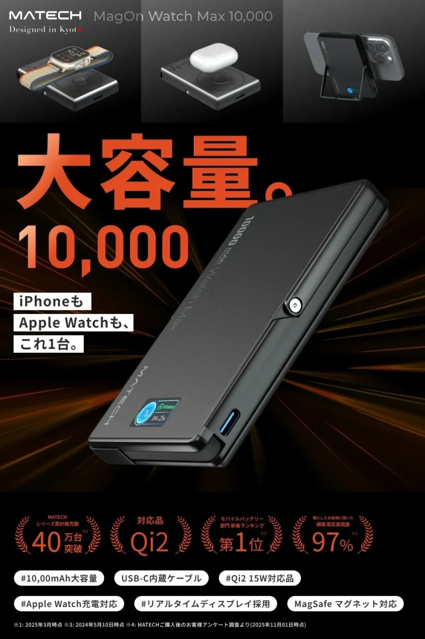 MATECH MagOn Watch Max 10,000の大容量10,000を訴求する黒いモバイルバッテリーの告知画像