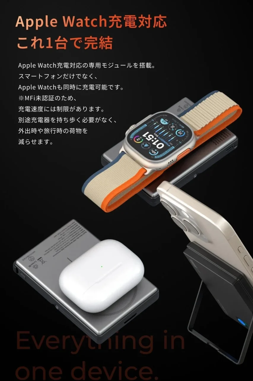 Apple Watch充電対応の説明。バッテリー上のApple Watchとスマホ、AirPodsケース