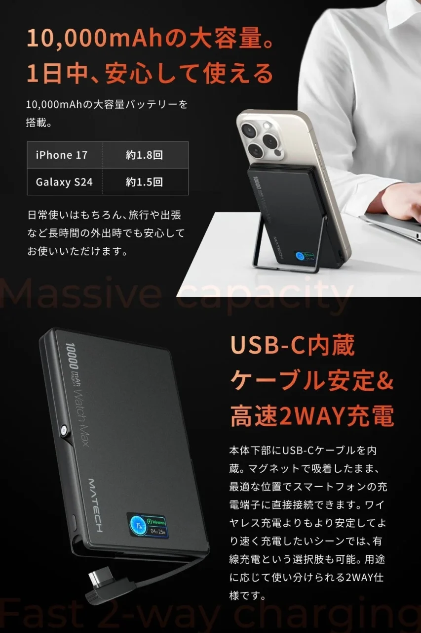 MagOn Watch Max 10000の容量表示とUSB-C内蔵ケーブルの紹介画像
