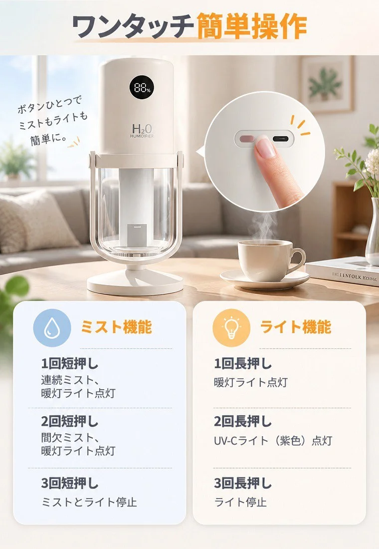 ワンボタンでかんたん操作を示す、白いコードレス加湿器とボタン操作の説明