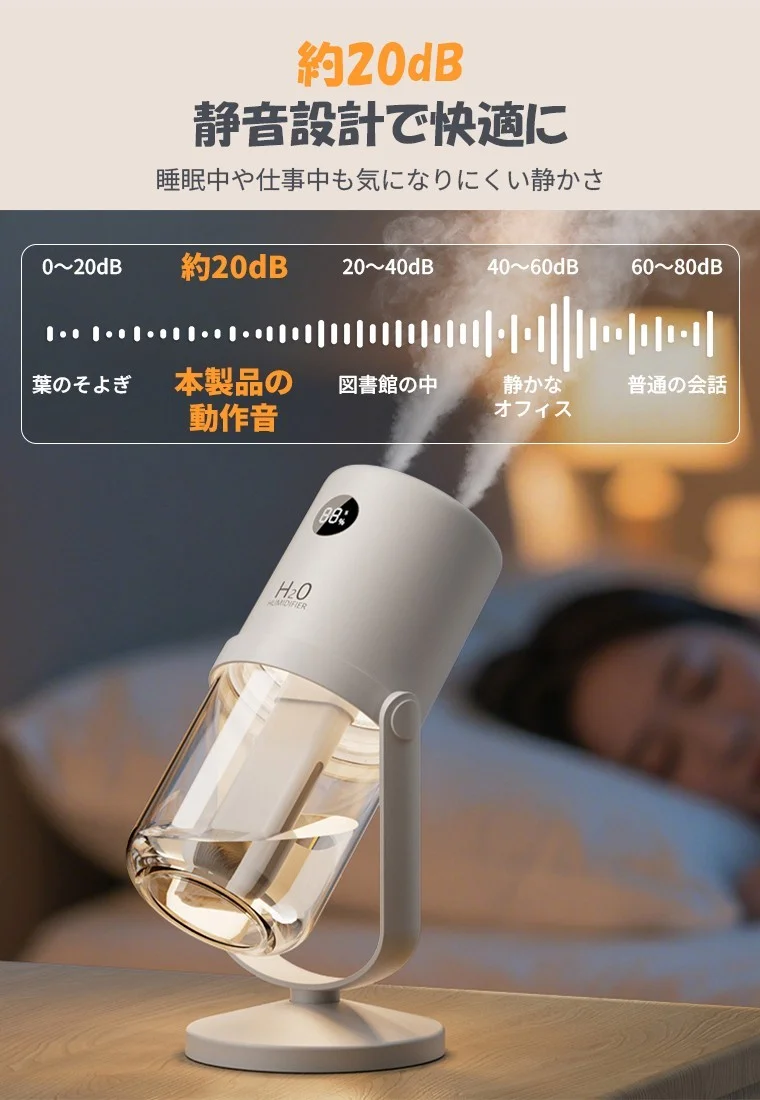就寝時にも使いやすい静音設計を示す、約20dBの卓上加湿器