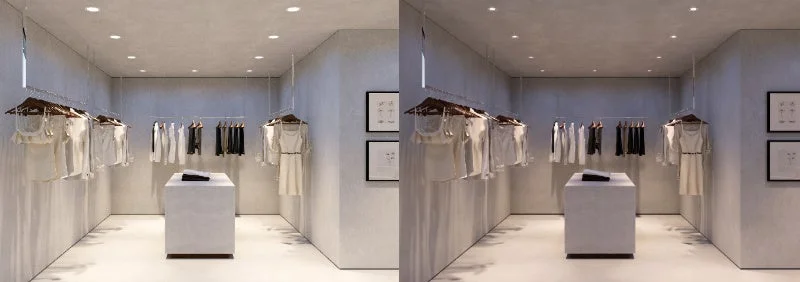Azzurro SkySpotの天井ダウンライトが並ぶ、衣類を吊るした店舗風空間