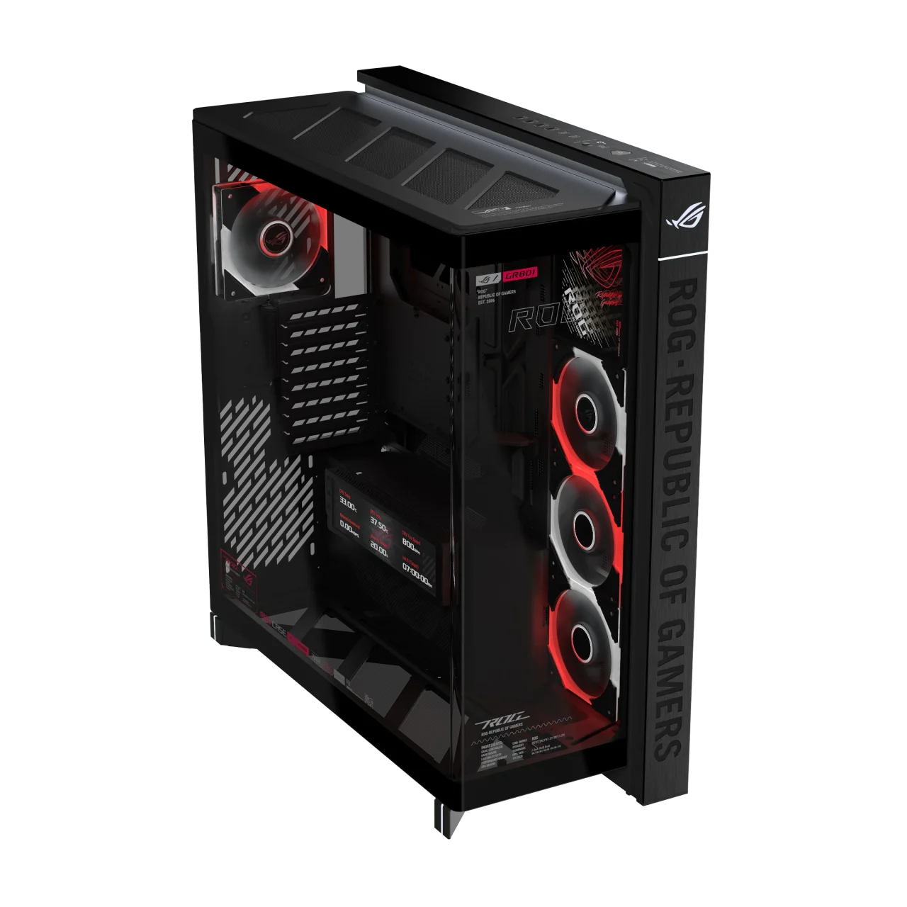 ROG CRONOX GR801 CURVE TG SCREEN ARGB BLACK の斜め外観、赤く光るファン