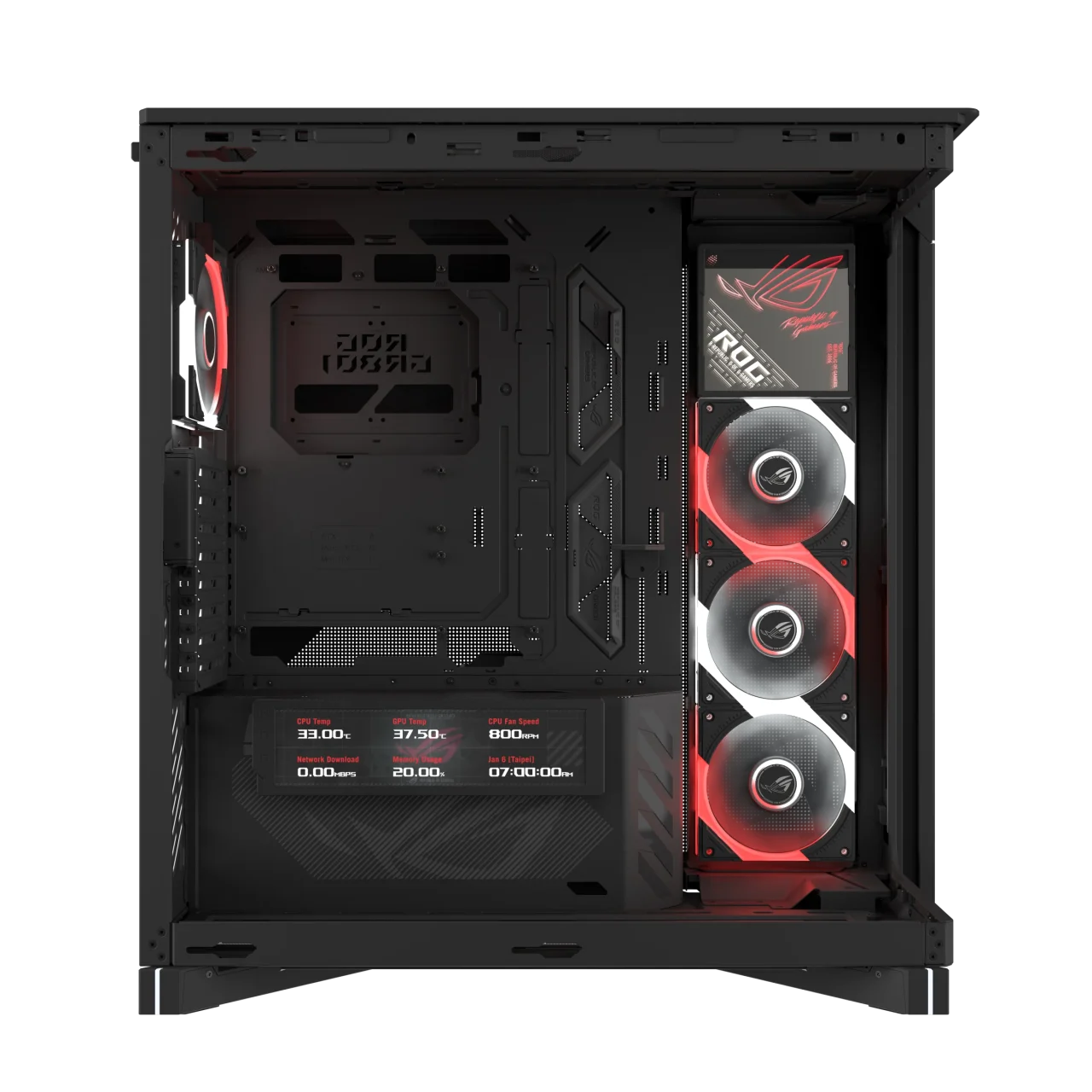 ROG CRONOX GR801 CURVE TG SCREEN ARGB BLACKの正面、赤く光るファン3基と下部の液晶